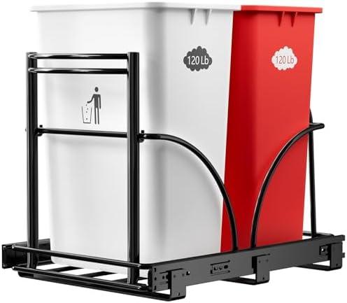 AMENER Dual Under Sink Trash Can Heavy Duty Pull Out Trash Can Under Cabinet, Fits 2x35Qt (7-9 Gal) Commercial Trash Cans Cabinet Trash Bin Pull Out Kit Requires ≥ 22''Dx 16''Wx 17''H, No Can (Black)