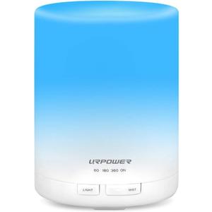 URPOWER 2nd Gen 300ml Aroma Essential Oil Diffuser Night Light Ultrasonic Air Humidifier with AUTO Shut Off and 6-7 Hours Continuous Diffusing - 7 Color Changing LED Lights and 4 Timer Settings (300ml, A-white)