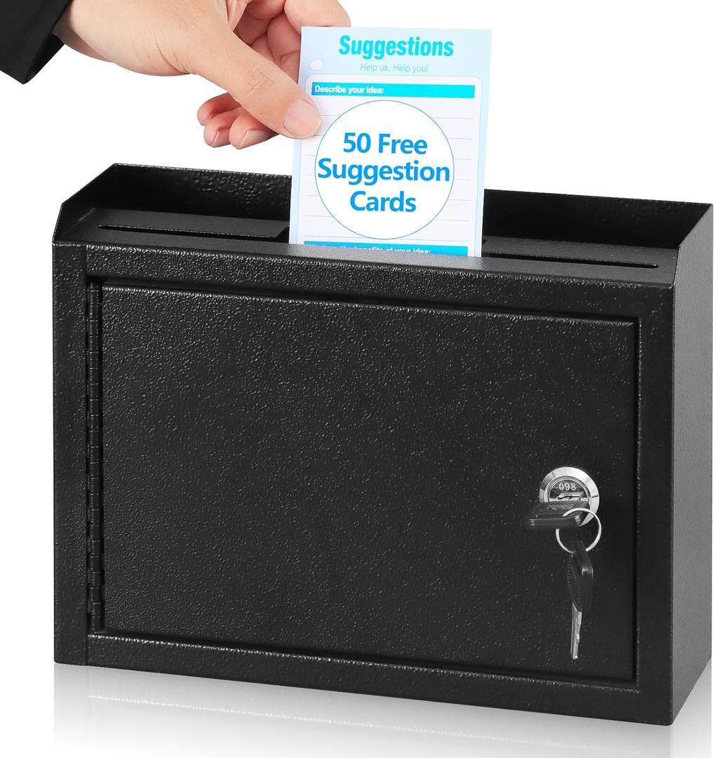 KYODOLED Suggestion Box with Lock and Slot, Small Locking Mailbox for Office, Wall Mount Safe Money/Key Drop Box with 50 Free Suggestion Cards, 9.8" W x 3" D x 7" H, Black (Large)