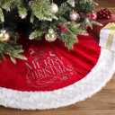 USILAND Christmas Tree Skirt, 48 Inches, Red Velvet with Deer Merry Christmas Embroidery, for Xmas Holiday Decorations Christmas Decor