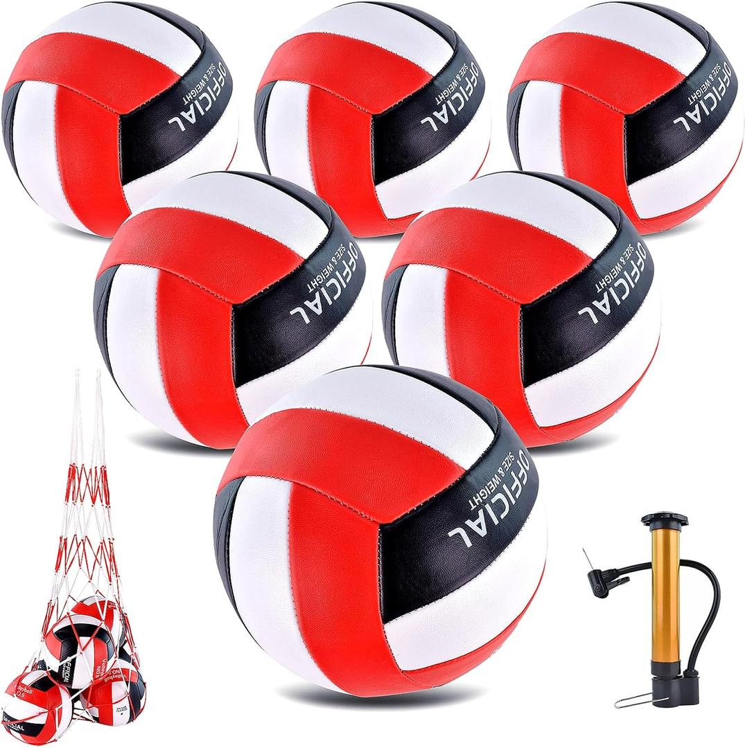 6 Pack Volleyballs Official Size 5, Waterproof Soft Bulk Recreational Volley Balls with Pump and Net Bag for Indoor Outdoor Beach Pool Water Sand Game Training Match for Beginner Teenager (Red Black)