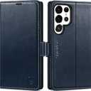 SHIELDON Case for Galaxy S25 Ultra 6.9", Genuine Leather Wallet Flip Book RFID Blocking Card Holder Kickstand Shock Absorbing Protective Case Compatible with Galaxy S25 Ultra - Retro Dark Blue