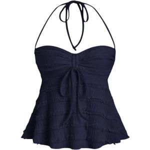 SHENHE Women's Babydoll Tops Halter Neck Strapless Lace Trim Drawstring Going Out Peplum Tops (Large, Deep Blue)