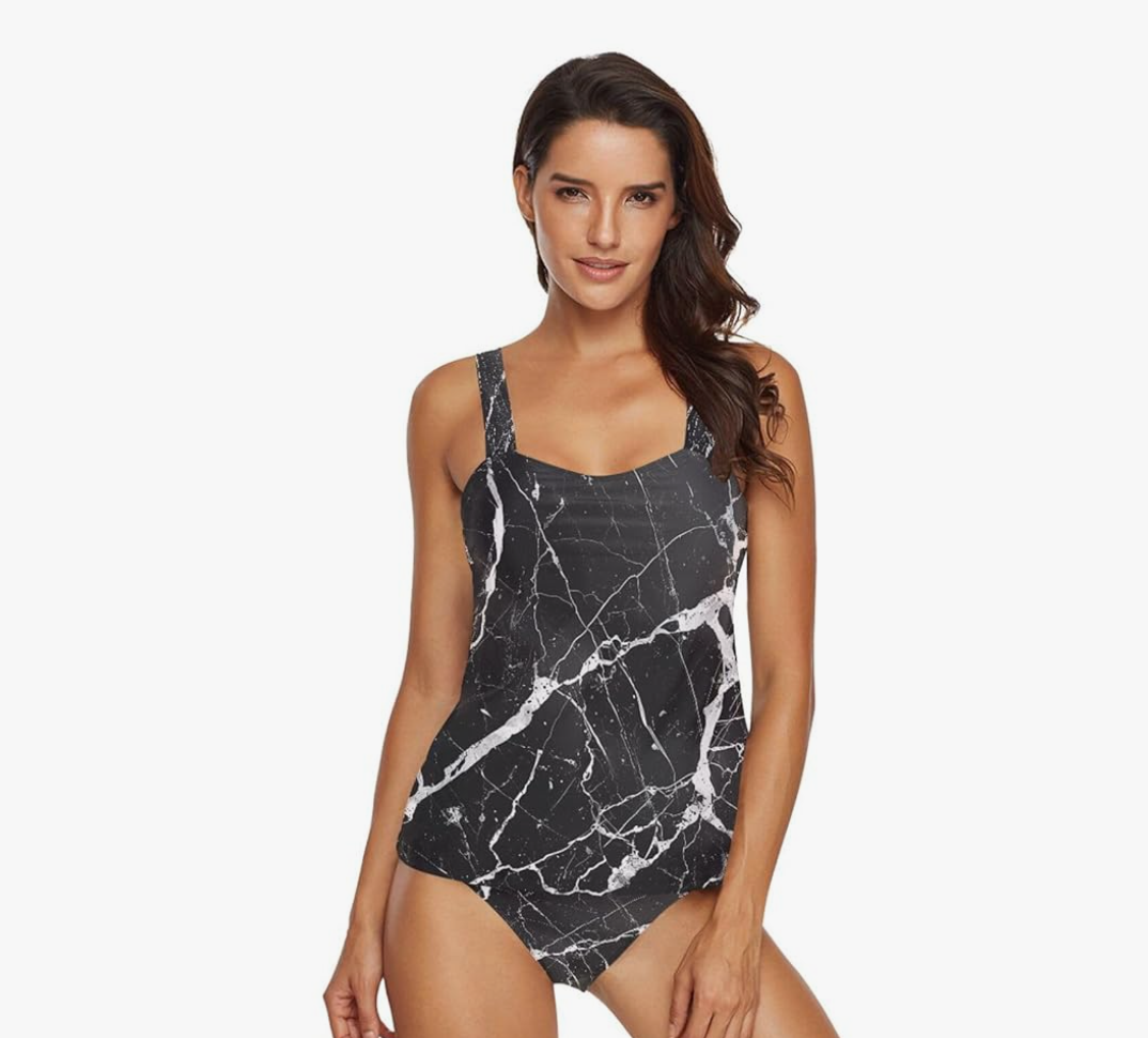 Black and White Marble Two Piece Tankini Swimsuits for Women Tummy Control Bathing Suit with Bikini Bottom - M