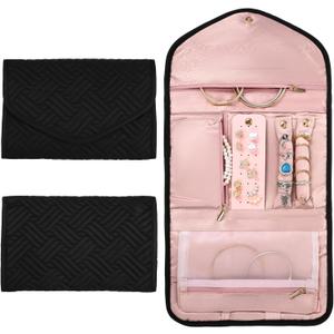 Tucnoeu Elegant Black Foldable Jewelry Roll - Compact Travel Jewelry Organizer Case for Necklaces, Earrings, Rings, Bracelets, Brooches