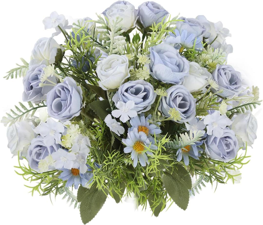 3 Pack Artificial Flowers Bouquet Fake Flowers Plants Blue Faux Flower Arrangements for Wedding Home Centerpieces Decor