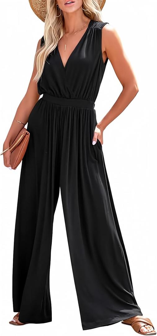 Dokotoo Jumpsuit for Womens Dressy Casual Wrap V Neck Resort Wear One Piece 2025 Sleeveless Long Romper Open Back Elastic Waist with Pockets Outfits for Summer, Black, X-Large
