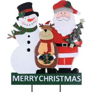 YEAHOME Outdoor Christmas Decorations, 3 Metal Snowman Santa Claus Deer Decorative Garden Stakes for Christmas Outdoor Yard, Xmas Signs for Home Outside Yard Lawn Porch Pathway Xmas Decor (Yhmd-488)