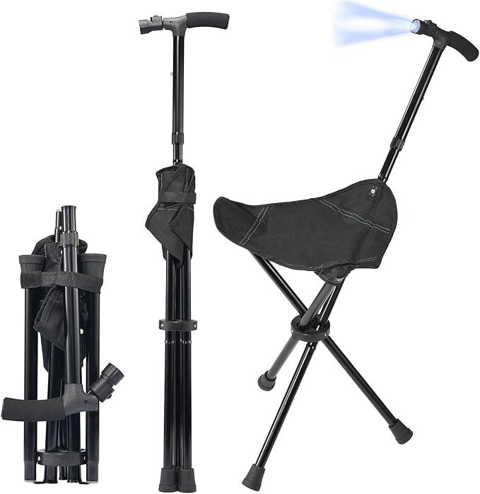 Cane with Seat Foldable Lightweight Walking Cane with LED Light Adjustable Walking Stick for Seniors