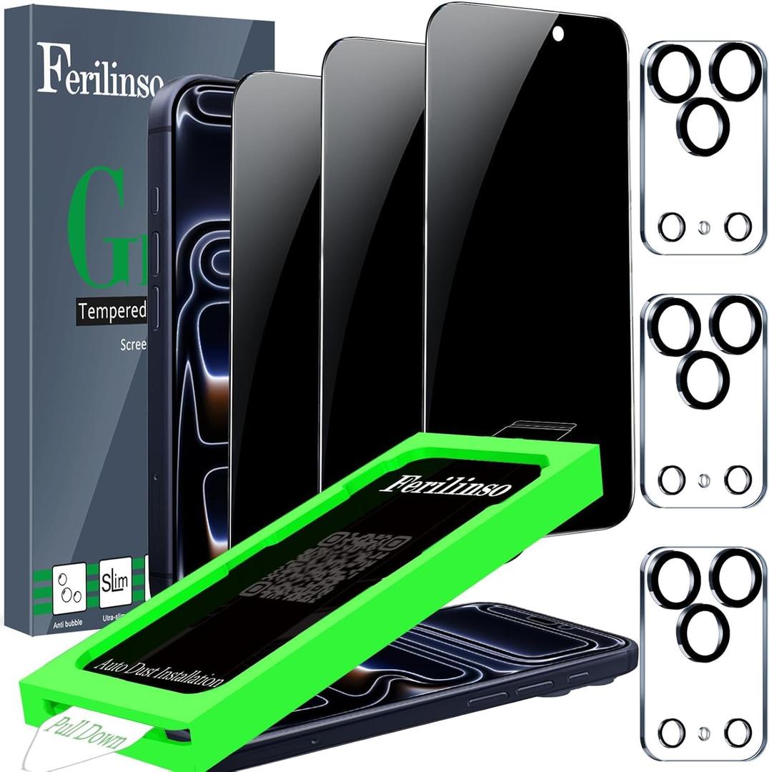 Ferilinso Privacy Screen Protector for iPhone 17 Pro Max, Tempered Glass
3 Pack, 9H Hardness, Military-Grade Shatterproof, Case Friendly, Easy Installation Bubble Free, with Camera Lens Protectors