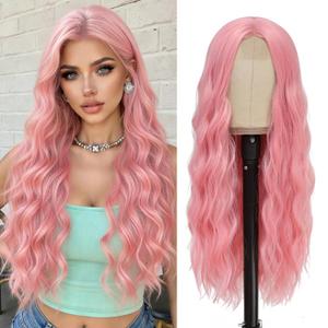 Pink Wig - Long Pink Wavy Wigs for Women Middle Part Pastel Pink 26 inch Natural Curly Synthetic Wig Heat Resistant Fiber Wigs for Daily Party Use