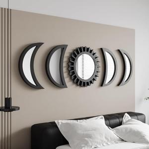 WAKOSAN Wall Mirror, Moon Phase Mirror Set, Wall Decor for Bedroom, Bohemian 5PCS Wooden and Real Glass Mirror with Crystal Clear Reflection, Boho Decor, Multi-Angle Installation (Black)