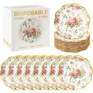 Kochorie 100 PCS Scalloped Party Plates, 7 Inch Disposable Floral Paper Plates, Pink Flower Paper Plate, Floral Dessert Plate Bulk for Birthday Bridal Baby Shower Wedding Party Supplies