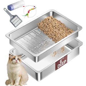 Stainless Steel Sifting Cat Litter Box for Pine Pellets, XL Extra Large Metal Cat Litter Box Sifter Pan with Litter Scoop, Low Dust, Odor Control, Easy Cleaning, 19.7" L x 13.8" W x 6" H