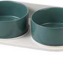 Elevated Ceramic Dog Bowl Set - Double Dog Feeding Bowls with Stand Splash Proof - Raised Dishes for Food and Water - Ideal for Small to Medium Dogs - 2 x 720 ml - 11.3 oz - Green