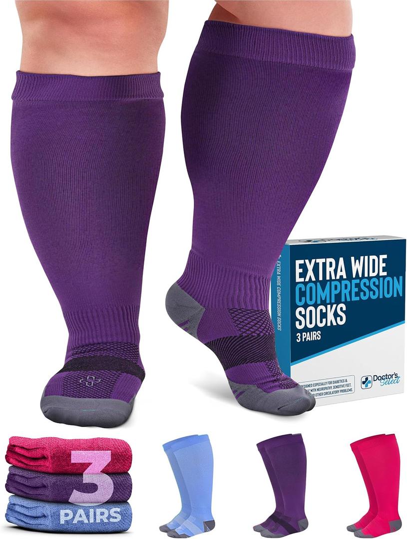 Doctor's Select 3 Pairs Plus Size Compression Socks Wide Calf | 20-30 mmHg Compression Socks for Women Wide Calf | Circulation Support Plus Size Compression Socks for Women | Pink, Purple, Blue, Size: 3X-Large