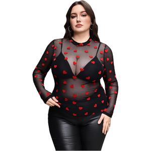 WDIRARA Women's Plus Size Floral Print Sheer Mesh Top Round Neck Long Sleeve Blouse (Black, XXXL)