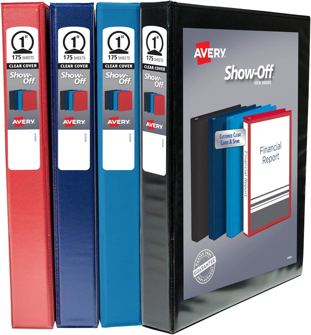 Avery Show Off View Binder Multipack, 1 Inch 3 Ring Binder, Assorted Colors, 4 Pack (12789)