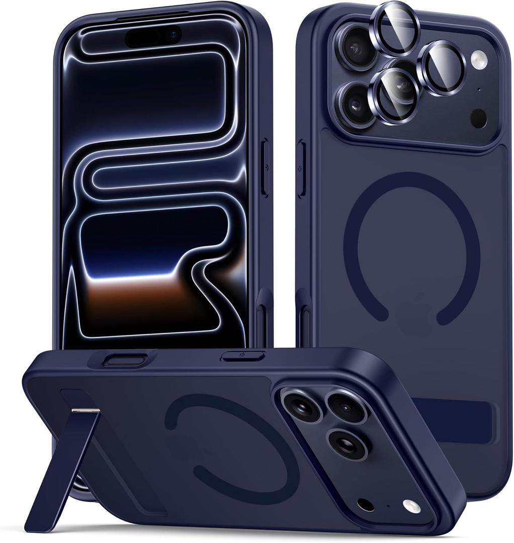 Stand for iPhone 17 Pro Max Magnetic Case, Compatible with MagSafe, Built-in Kickstand, Camera Lens Protector, Translucent Matte Slim Silicone Shockproof Hard Back Phone Cover, Blue