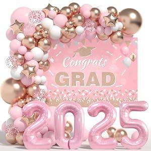 Graduation Decorations Class of 2025: Pink and Gold Graduation Balloons Arch Kit 2025 Grad Party Decorartion with Congrats Grad Backdrop Party Supplies for High School & College Celebrations