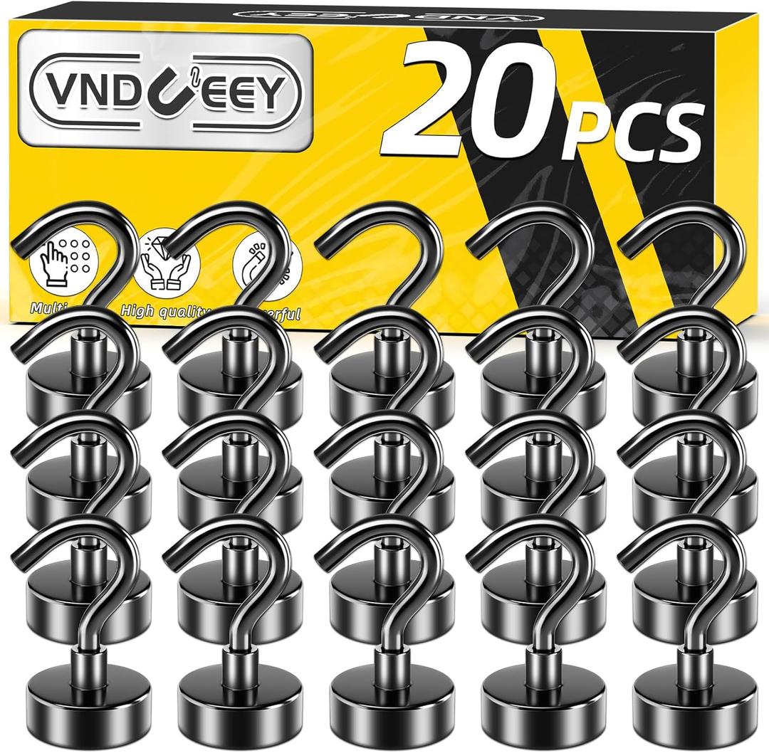 VNDUEEY 20 Pack Black Magnetic Hooks, 25Lbs Strong Magnet Hooks for Hanging, Metal Magnet Hooks Heavy Duty, Magnetic Hook for Home, Office, Classroom and Cruise Cabins