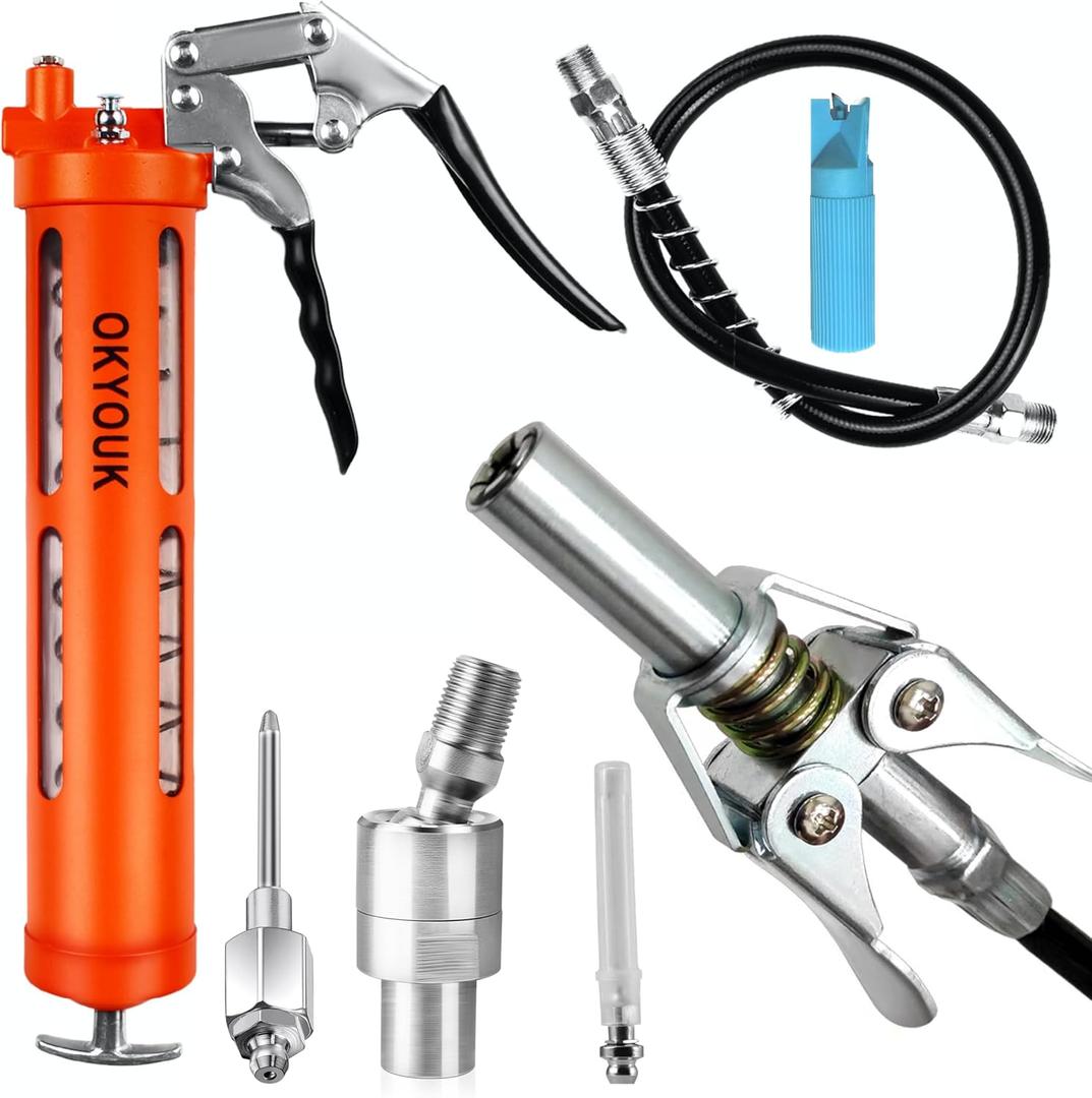Grease Gun Kit,Visible Heavy Duty Pistol-Grip Grease Gun, Quick Lock Grease Gun Coupler(0.53"),12" Hose with 360 Swivel Fittings, Zerk Cleaning Tool and 2Pcs Grease Needles Tips Included