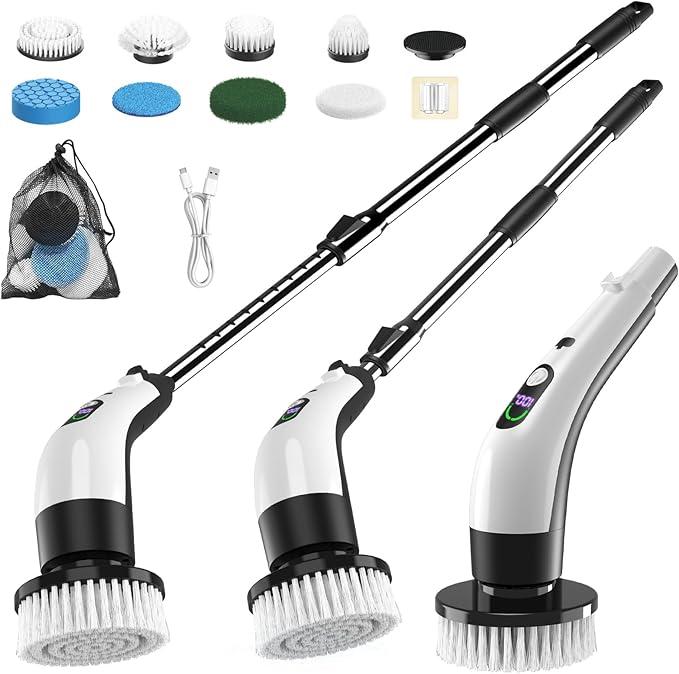 Electric Spin Scrubber for Bathroom: Shower Scrubber with Long Handle, Dual Speed Cordless Power Cleaning Scrub, 7 Brush Heads, IPX7 Waterproof Heavy Duty Cleaner Tools for Tub Tile Grout Wall