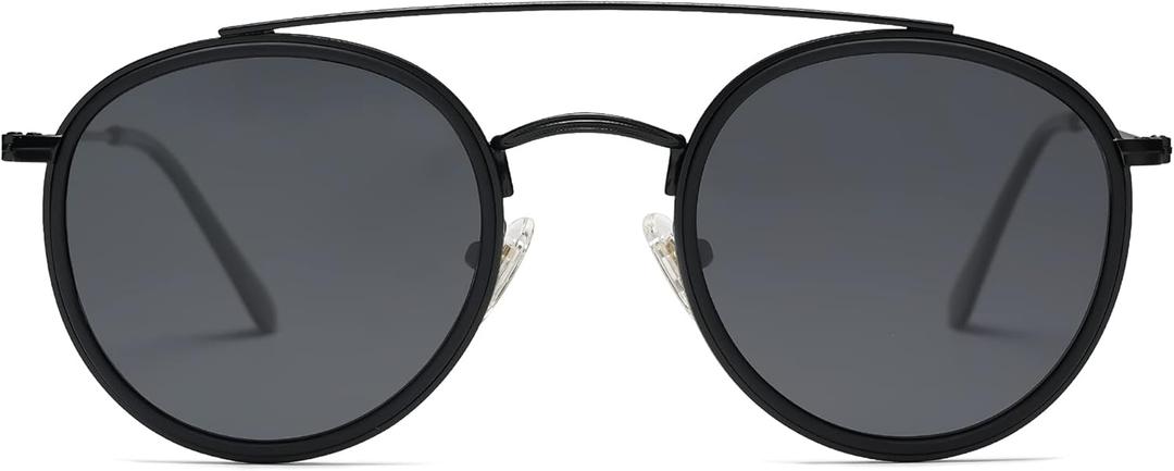 SOJOS Retro Vintage Round Polarized Sunglasses for Women Men Double Bridge Circle Sunnies SJ1104 (Small, Dark Black/Grey)