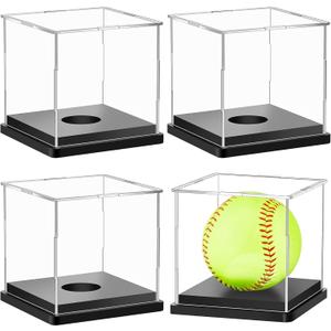 Leinuosen 4 Packs Softball Display Case Plastic Softball Holder Stand Baseball Display Case Memorabilia Acrylic Box UV Protected Clear Cube for Baseball Tennis Ball Sports Ball Storage