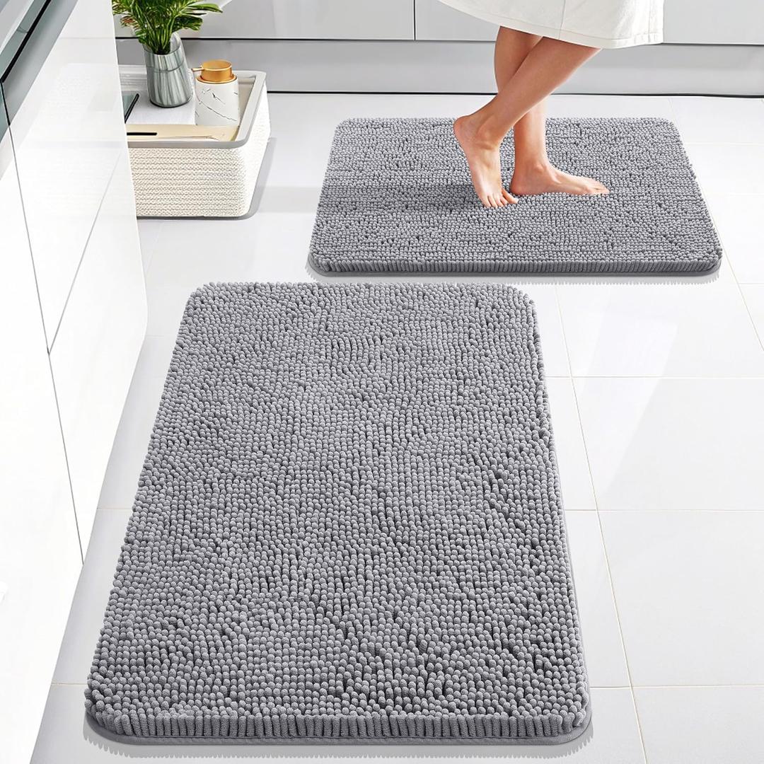 OLANLY Bathroom Rugs Sets 2 Piece, Soft Absorbent Chenille Bath Mats Area Rug Set, Non-Slip, Quick Dry, Machine Washable Bath Mats for Bathroom, Home Decor Accessories (30"x20"+24"x16", Grey)