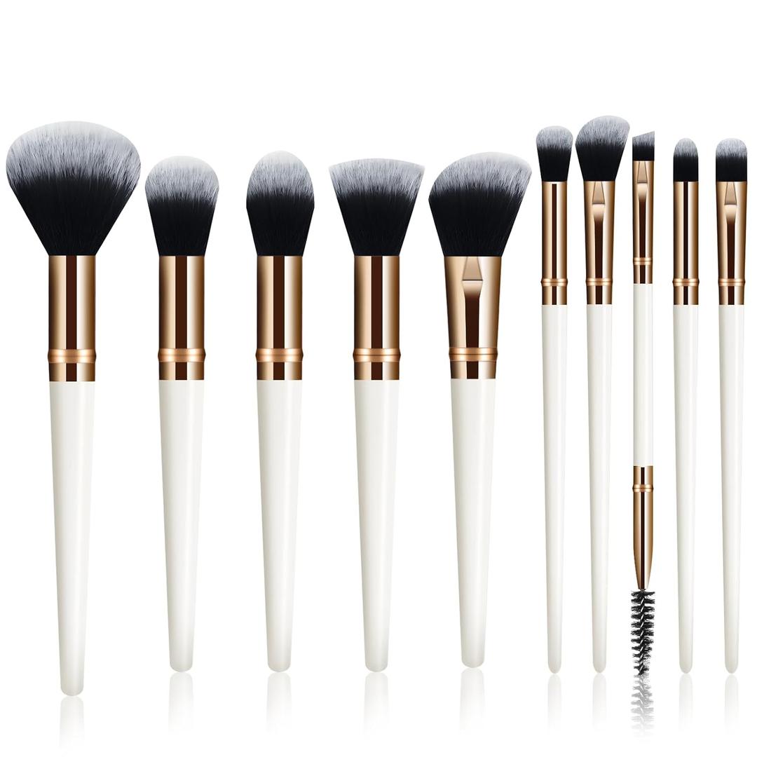 Makeup Brush Set, Premium Synthetic 10 PCS Makeup Brushes, Travel Makeup Brush Set with Soft Hairs, Makeup Brushes Set Professional for Blush, Eyeliner, Eyeshadow, Concealer, and Foundation (White)