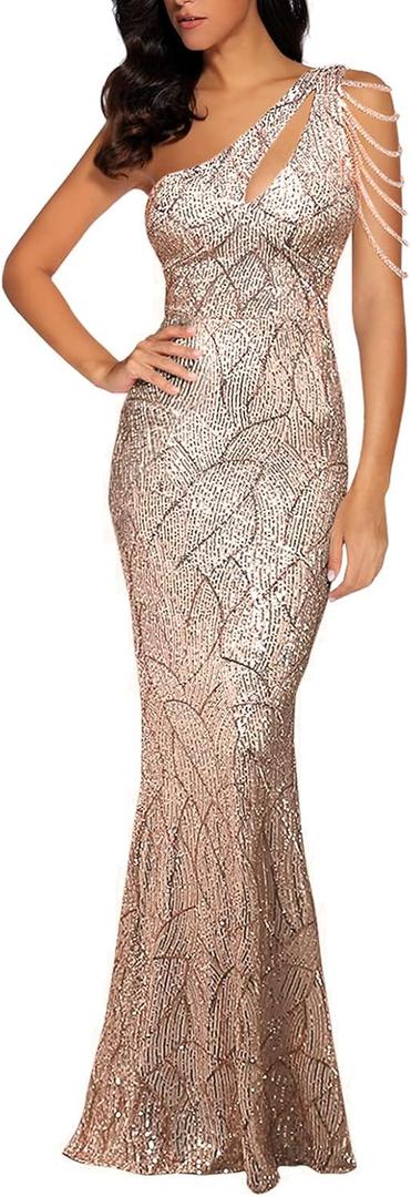 Women One Shoulder 1920s Plus Size Formal Dress Tassels Sleeve Sequins Gatsby Maxi Evening Gown (Large)
