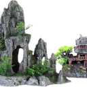 Extra Large Aquarium Decorations kit - Ancient Temple in The Mountain, Japanese Aquarium Decorations Resin Aquarium Castle Decorations Aquarium Mountain View Stone