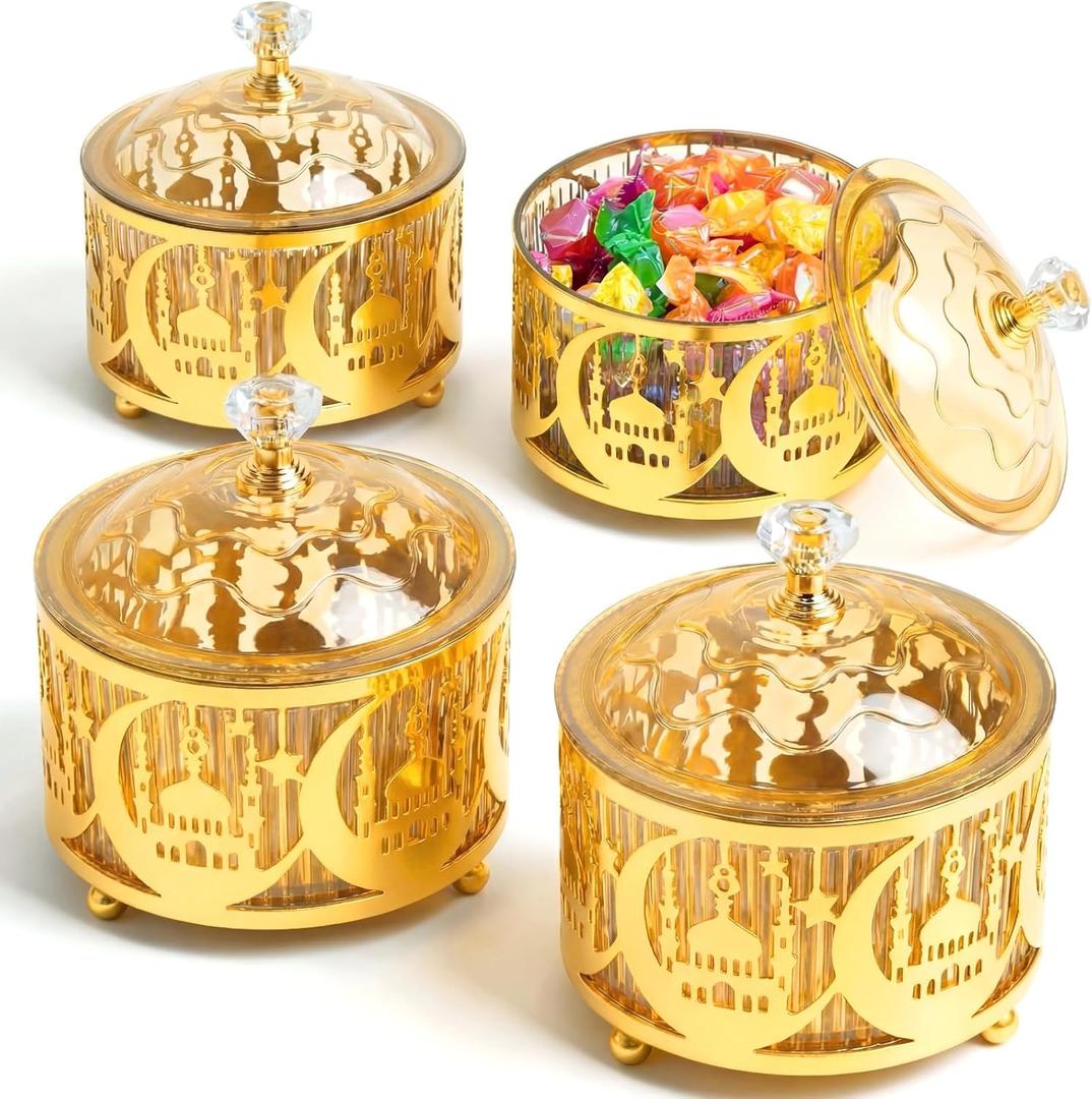 4 Pcs Ramadan Serving Trays with Lid Metal Gold Eid Mubarak Tray Decorations Ramadan Plate Food Storage Container for Serving Cookie Candy Pastry Dessert Eid Party(Retro)