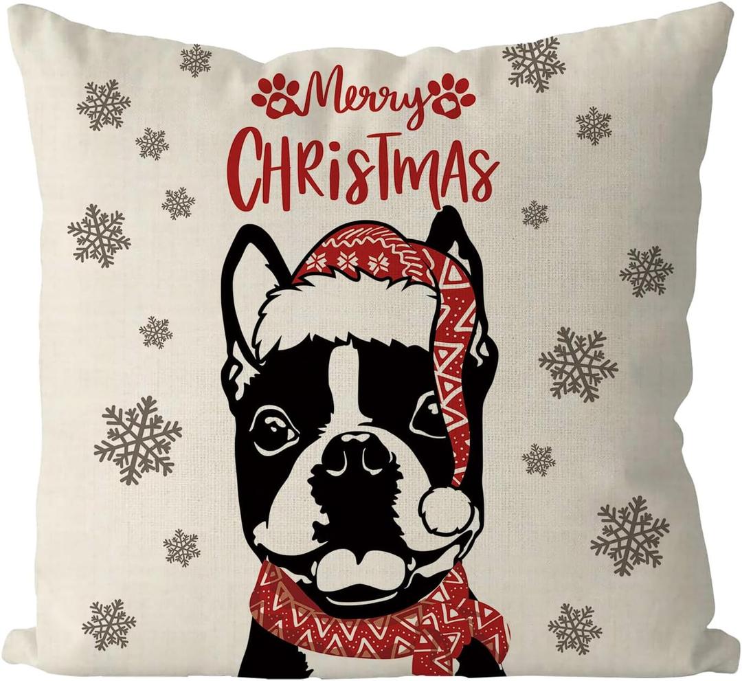 GAGEC Christmas Pillow Covers 18x18 Inch Boston Terrier Dog Throw Pillow Covers Xmas Winter Pillowcase Dog Christmas Decorations for Living Room Farmhouse Cushion Case