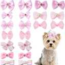 20 PCS Cute Dog Hair Bows with Rubber Bands Elastic Handmade Mix Style Lace Rhinestone Pearls for Furry Puppy Cat Pet Girl, Pink