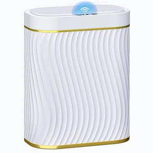 Bathroom Small Trash Can with Automatic Touchless Lid, 2.6 Gallon Smart Garbage Can Narrow Waterproof Trash Bin for Bedroom, Office, Living Room (Gold White)