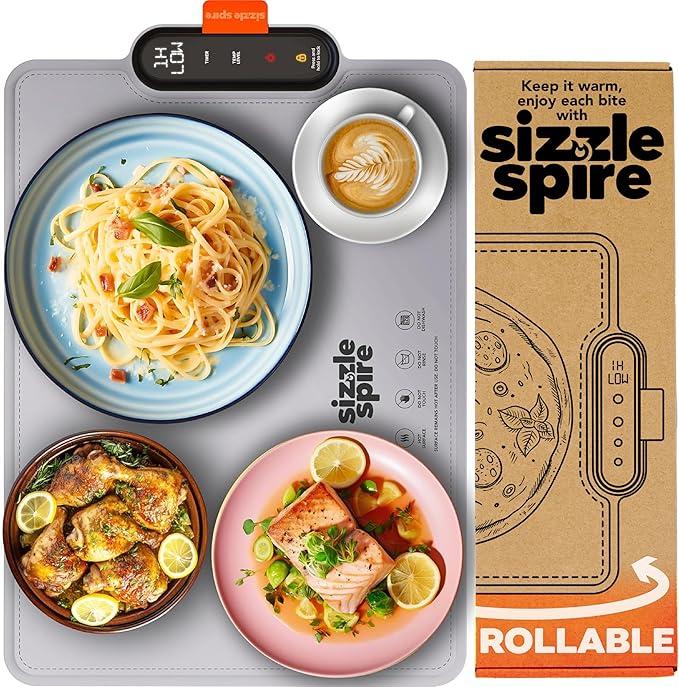 Sizzle Spire Electric Warming Tray, Rollable Silicone Warming Pad for Food with 4 Temperature Settings, auto ShutOff, Great Food Warmer Mat for Parties, Buffets, Gatherings and Everyday Use  Gray