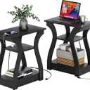 FROMJBEST Black End Table Set of 2 with Charging Station, Side Table with USB Ports and Outlets, Black Nightstand, 3 Tier End Table with Storage Shelf for Living Room, Bedroom