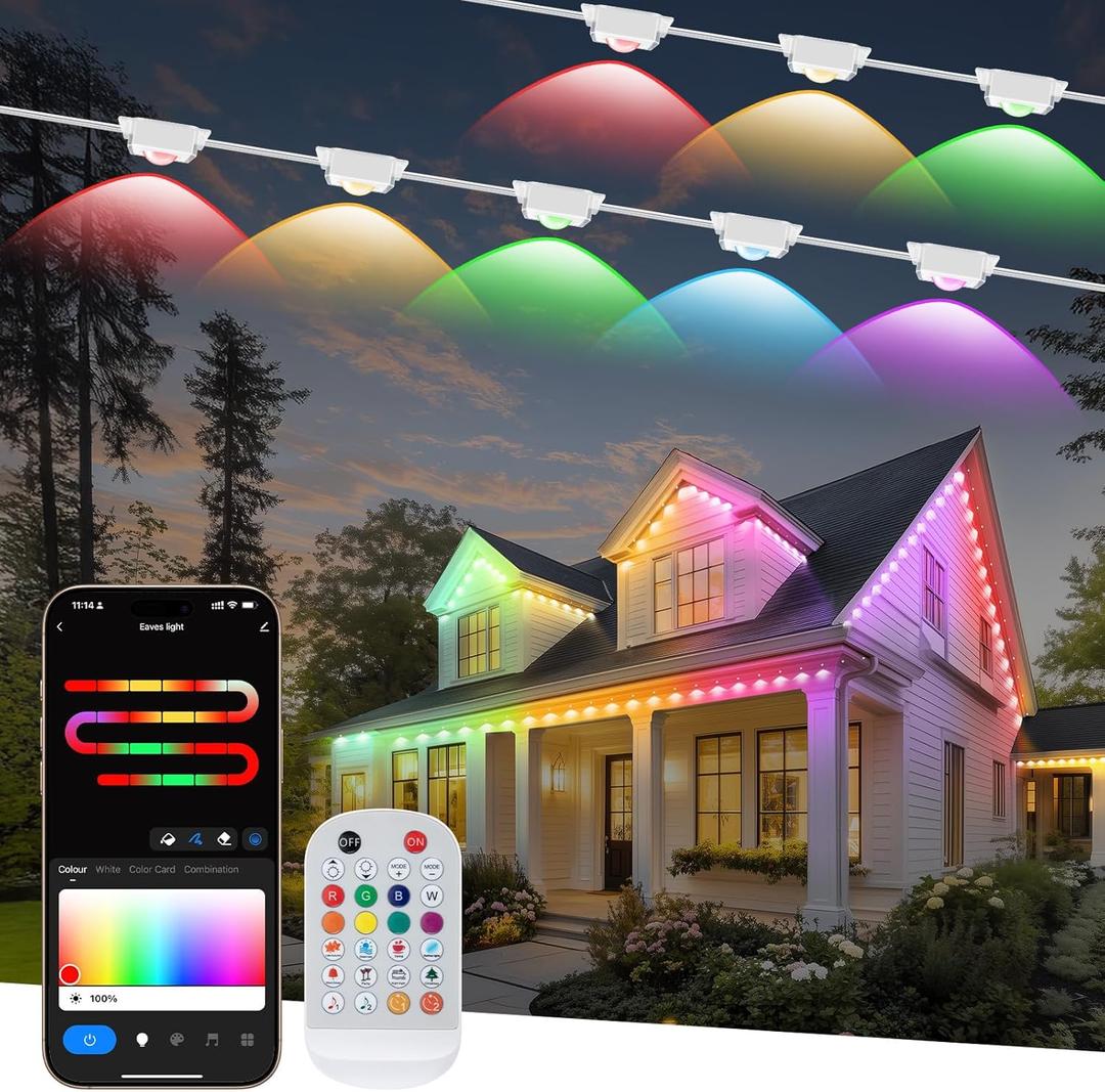 Permanent Outdoor Lights, 100ft with 75 LED Eaves Lights, Smart RGB LED String Lights IP67 Waterproof, App Remote Control for Birthday Day Gifts, Outdoor, Garden Decor, Holiday and Christmas