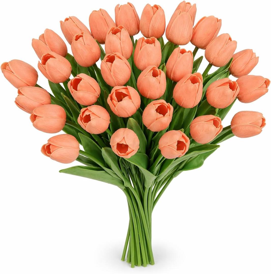 MACTING 30PCS Artificial Tulip Flowers 13.7" Real Touch Fake Tulips Faux Flowers for Floral Arrangements Table Centerpieces Kitchen Dining Room Mothers Day Summer Decorations,Light Orange