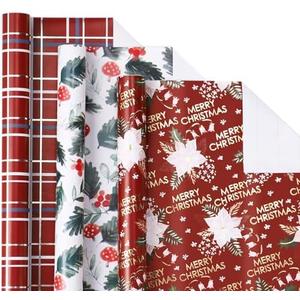 LeZakaa Christmas Red Wrapping Paper Roll - Mini Roll - Mushroom Printing, Flower Metallic Foil, Red Backing Plaid Collections for Christmas Holiday Party - 17 x 120 inches - 3 Rolls (42.5 sq.ft.ttl.)