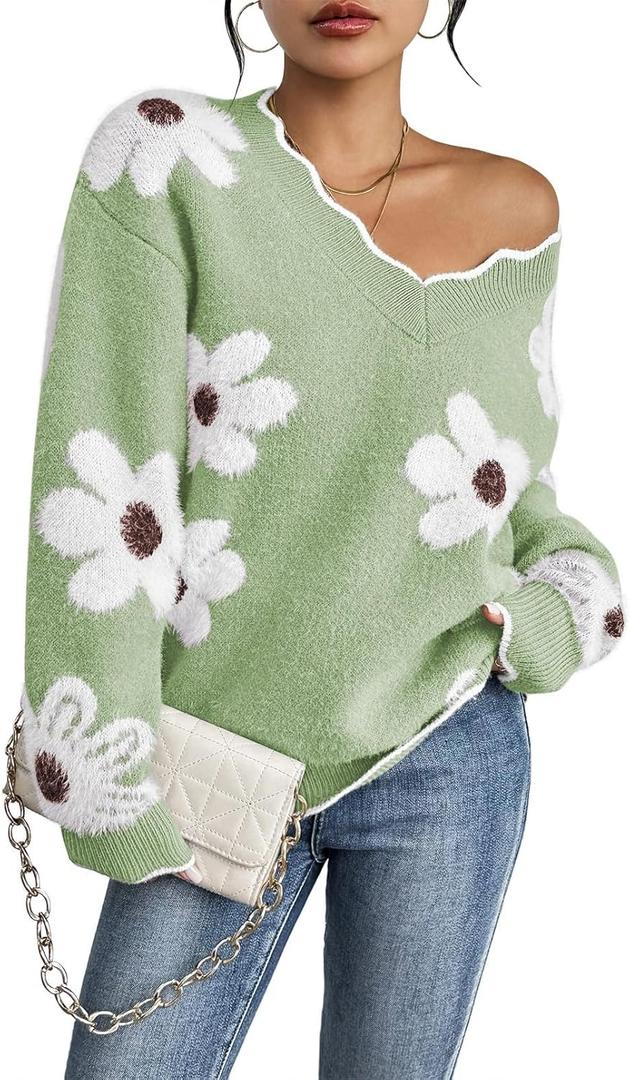 Pink Queen Women's Oversized V Neck Fuzzy Sweaters 2026 Casual Loose Long Sleeve Chunky Knit Pullover Jumper Tops (Light Green) S