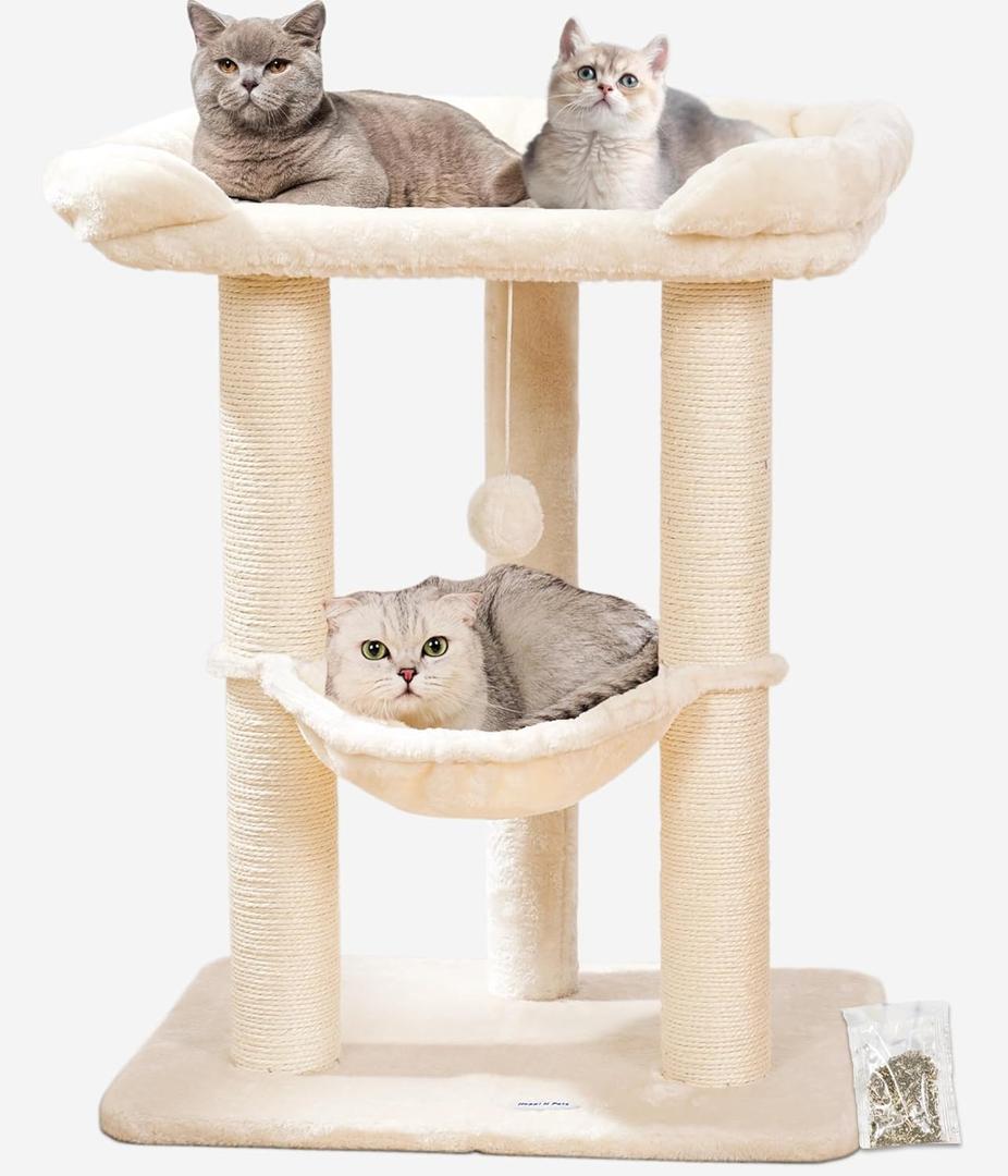 Happi N Pets 28" Large Cat Tree Tower for Indoor Cats, Cat Scratch Post with Large Bed for Maine Coon Big Cats, Sisal Cat Scratcher with Soft Perch & Hammock, Stable Cat Stand, Removable Cover-Beige
