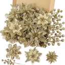 N&T NIETING 24 Pcs Christmas Poinsettia Artificial Flowers & Glitter Berries Stems Kit Christmas Floral Picks Christmas Tree Garland Wreath Filler Ornaments for Home Party Xmas Decor, Gold
