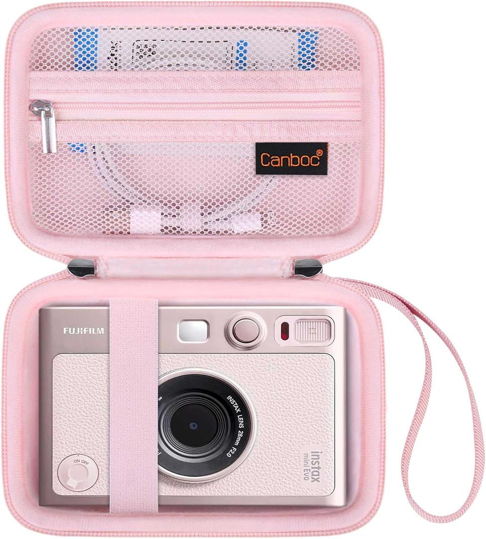 Canboc Carrying Case for Fujifilm Instax Mini EVO Instant Camera, Mesh Pocket fit Instax Mini Instant Film and Cable, Pink