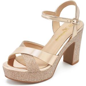 hingswink Womens Sparkly Platform Dress Sandals for Women Chunky Block Heel 3.8 Inch High Heels Open Toe with Strap for Women Comfortable Sexy Dressy Prom Wedding Party Evening Shoes, Champagne US 8