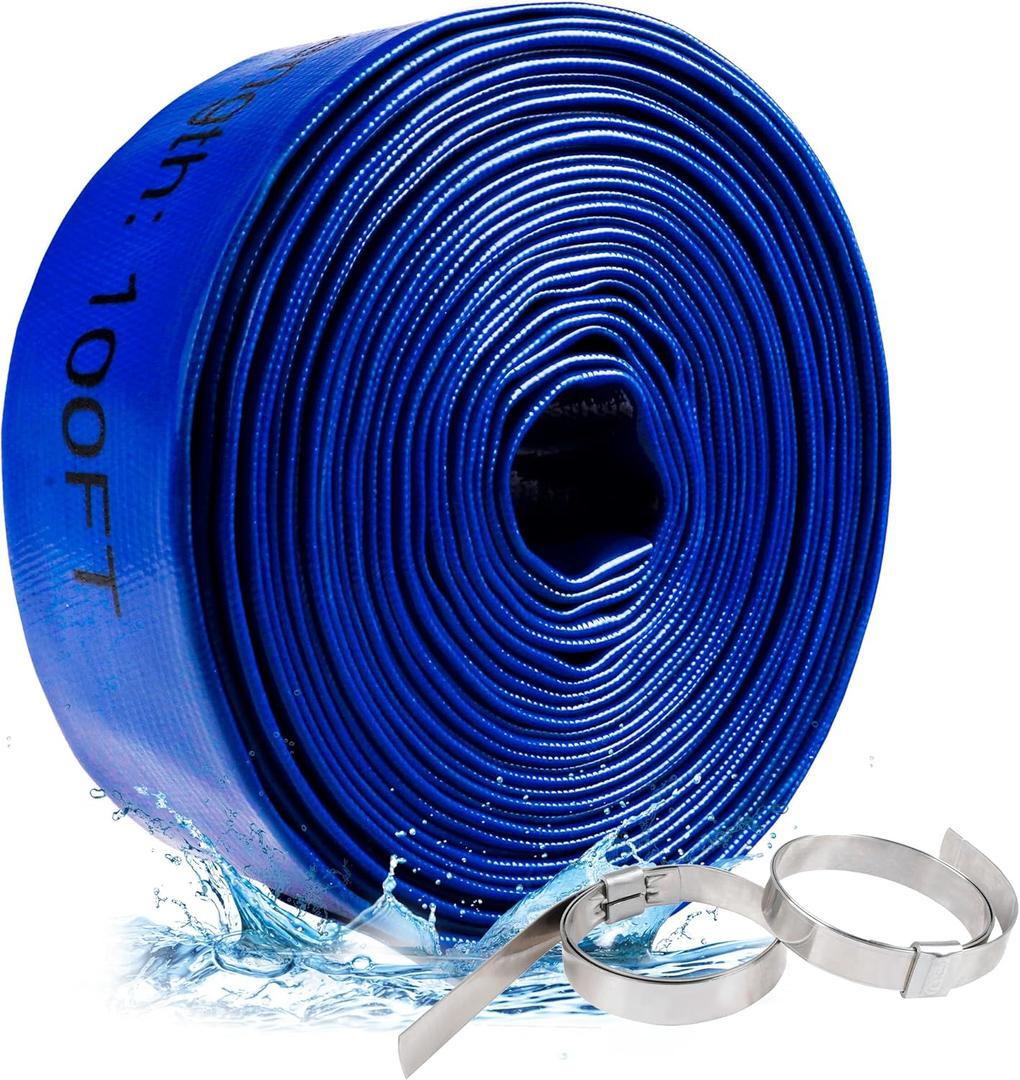 ZYfire Pool Backwash Hose with 2 Clamps - 2" x 100 FT PVC Lay Flat Discharge Hose Heavy Duty Reinforced Pool Hose Weather and Burst Resistant for Pool Drain, Sump Pump, Pool Filter