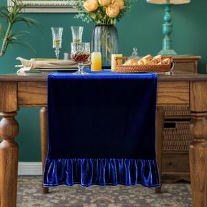 Velvet Table Runner Soft Decorative Luxurious Solid 72 Inches Long Tablecloth with Retro Ruffle Flounces Table Runner Dresser Scarves for Kitchen Dining Room Coffee Table Sapphire Blue, 14x72 Inch