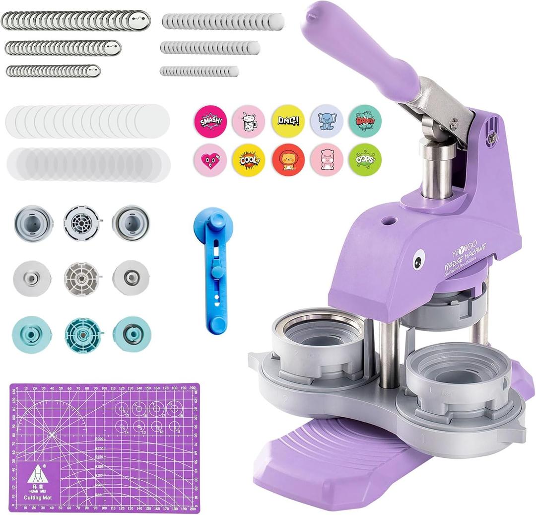 Button Maker Machine Multiple Sizes, 1+1.25+2.25 inch Installation-Free Pin Maker Machine, Ideal Pin Press for Kids DIY with Free 300 Sets 25+32+58mm Button Making Supplies(Purple)